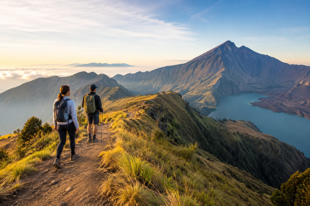 Hikers trekking Mount Rinjani trail with crater lake and mountain views in Lombok, Indonesia.