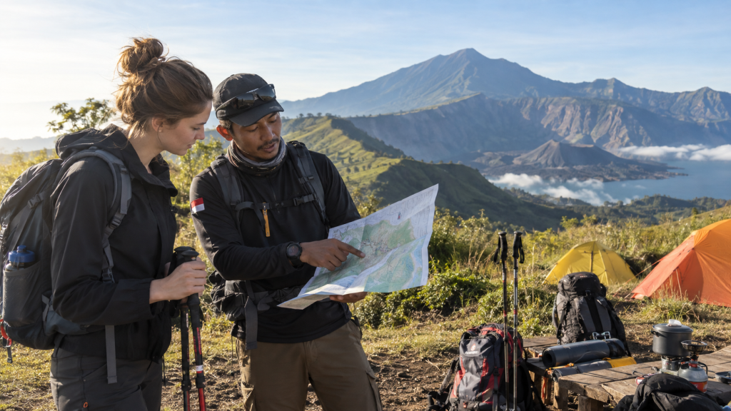 Experienced Rinjani trekking guide and porters preparing safety equipment