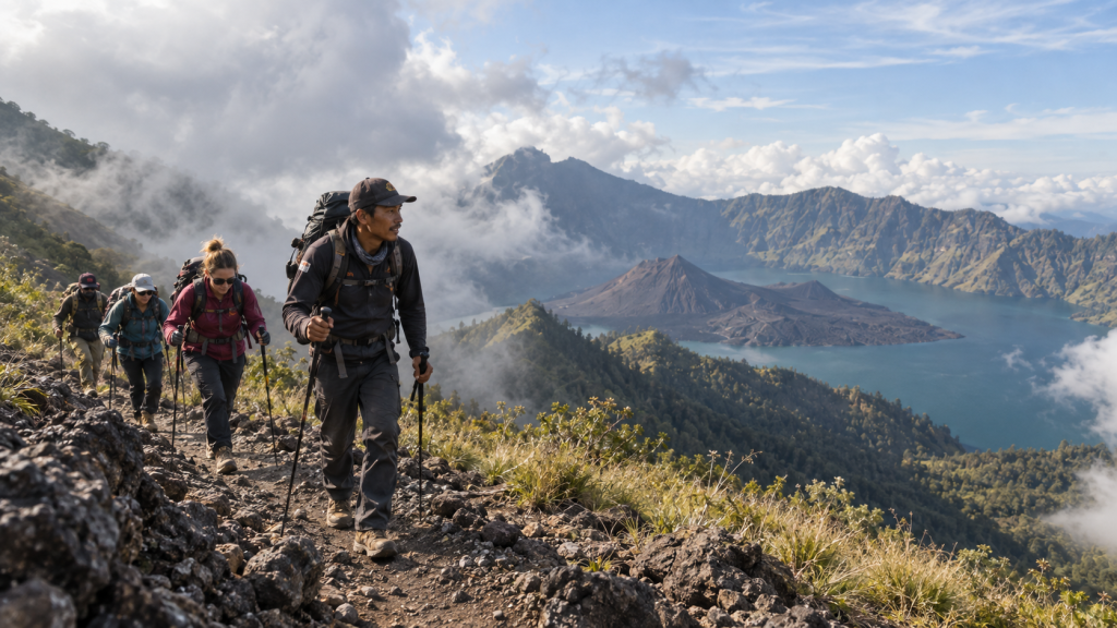 Hikers exploring Mount Rinjani with a local trekking guide in Lombok